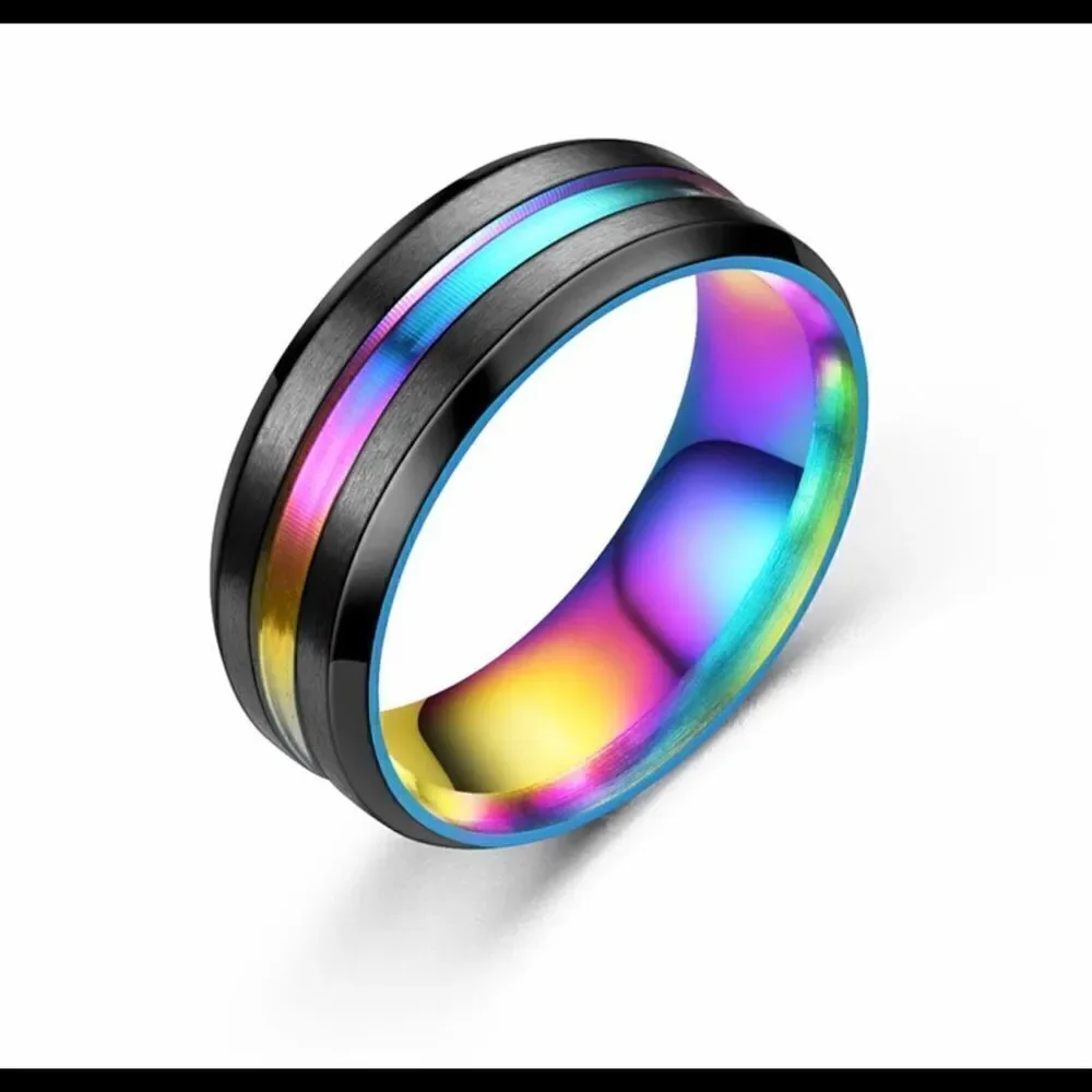 Wedding Band, Size 8 Black Titanium Ring w/ Multi-colored Stripe
